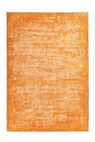 Rechteckiger Teppich mit abstraktem Muster und abgenutzter Optik in Orange und Beige.