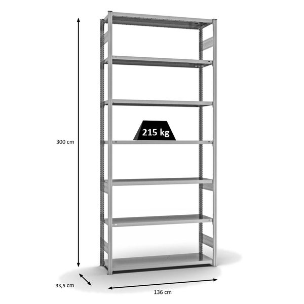 PROREGAL Fachbodenregal Stecksystem T-Profil Medium-Duty Grundregal HxBxT 300 x 130 x 40 cm 7 Ebenen Fachlast 215 kg Beidseitig Nutzbar Verzinkt