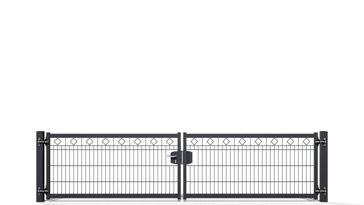 Gartentor ZAUNGURU BASIC-Line Berlin Raute aus Metall, Höhe: 83cm, Breite: 361cm, 2-flügelig inkl. Pfosten, Schloss und Zubehör, Feuerverzinkt und in RAL 7016 Anthrazitgrau pulverbeschichtet