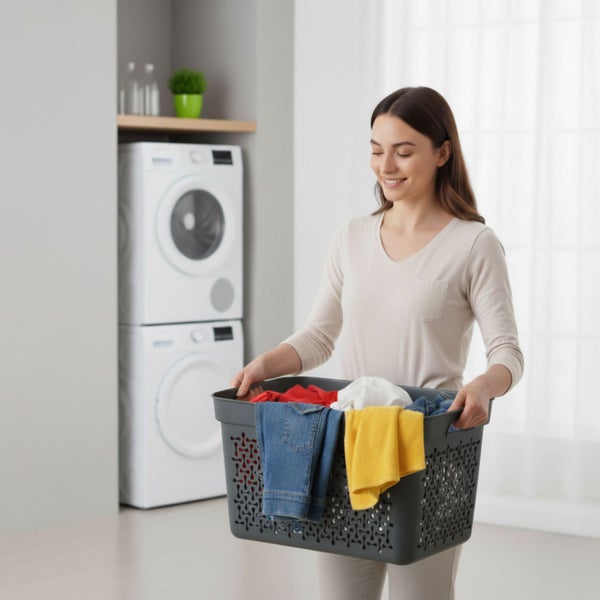 Frau mit Wäschekorb vor Waschmaschine und Trockner