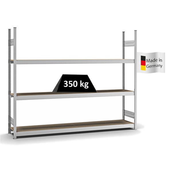 PROREGAL Weitspannregal Stecksystem T-Profil Grundregal HxBxT 200x250x40 cm 3 Ebenen Spanplatten Fachboden Fachlast 350 kg Verzinkt