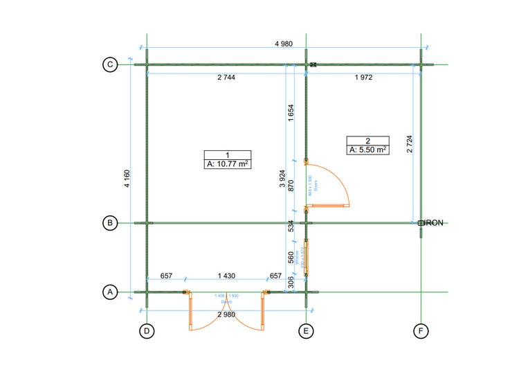 Grundriss eines Gartenhauses mit zwei Räumen, einer Doppeltür, einer Innentür und einem Fenster sowie Maßangaben in Millimetern.