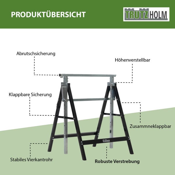 Produktdarstellung von zwei höhenverstellbaren und zusammenklappbaren Arbeitsböcken mit Antirutschsicherung, Klappsicherung, stabilem Vierkantrohr und robuster Verstrebung. TrutzHolm Logo