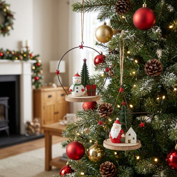 Weihnachtsbaum mit hängenden Dekorationen aus Metall und Holzfiguren, Schneemann und Weihnachtsmann mit Tanne, Tannenzapfen und Kugeln.