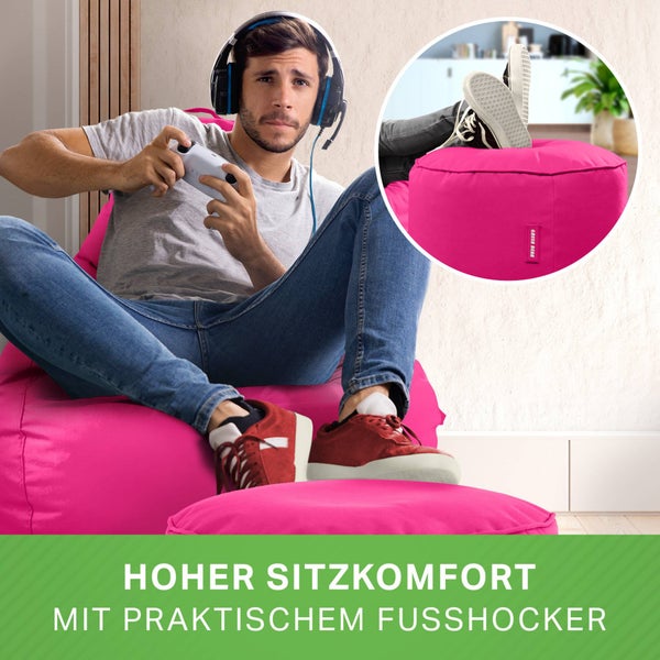 Green Bean 2er Set Sitzsack + Hocker - fertig befüllt - robust waschbar schmutzabweisend - Kinder & Erwachsene Bean Bag Bodenkissen Lounge Sitzhocker Relax-Sessel Gamer Gamingstuhl Pouf - Pink