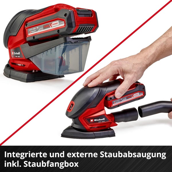Einhell Akku Multischleifer mit integrierter Staubfangbox und Anschlussmöglichkeit für externe Staubabsaugung