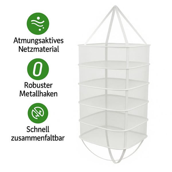 Wäschetrockner mit atmungsaktivem Netzmaterial und Metallhaken zum schnellen Zusammenfalten
