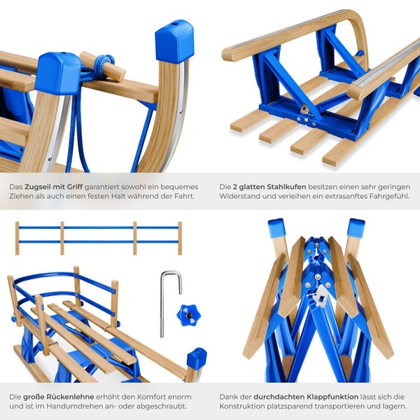 Holzschlitten mit klappbarer Rückenlehne und Stahlkufen