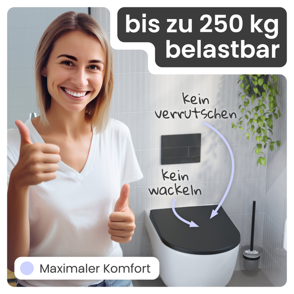 Szene eines WCs, das bis zu 250 kg belastbar ist, nicht verrutscht und nicht wackelt, maximaler Komfort