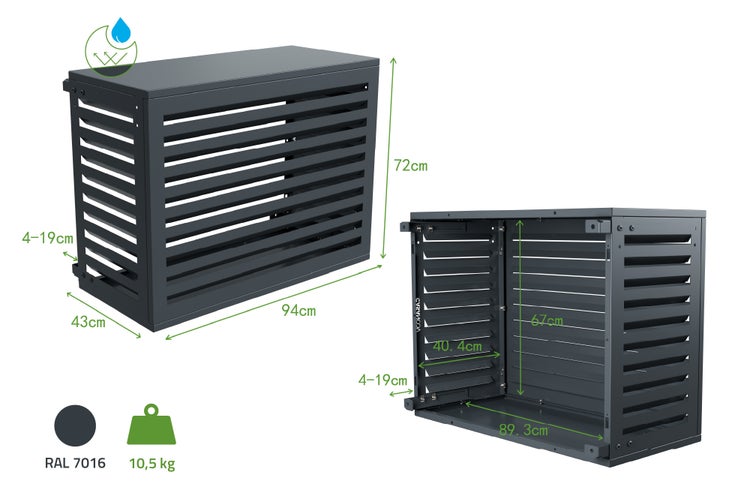 Sichtschutz für Klimaanlage aus Metall, mit Lamellen, Maße 94 x 43 x 72 cm