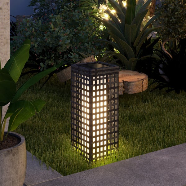 Outsunny Solarlampen Rattan mit Lichtsensor, Aufladbar LED Solarleuchte IP44 Wasserdichte, Outdoor Lampe Solarlaterne Außenleuchte für Garten Balkon Hof, 15,5 x 15,5 x 46 cm, Grau