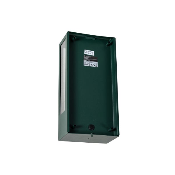 Rückansicht einer grünen rechteckigen Außenwandleuchte aus Metall mit Glasseite und Montageplatte.