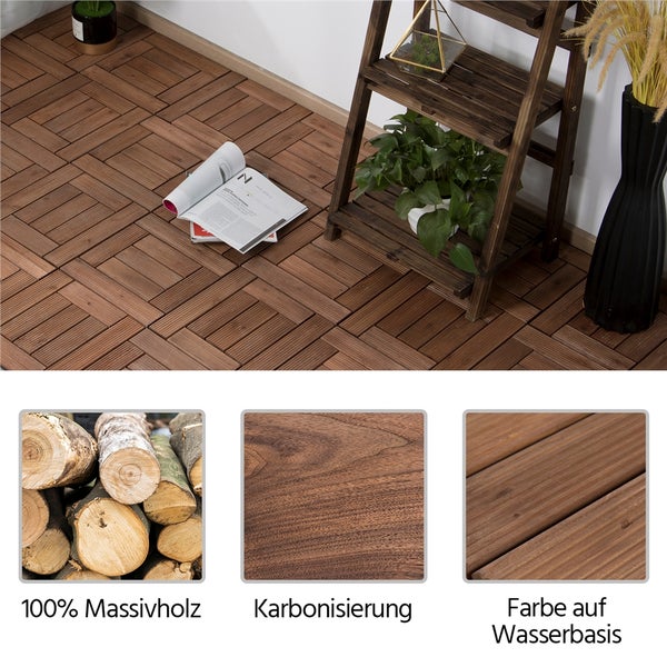 Terrassendielen aus Holz auf Balkon mit Holzregal und Deko