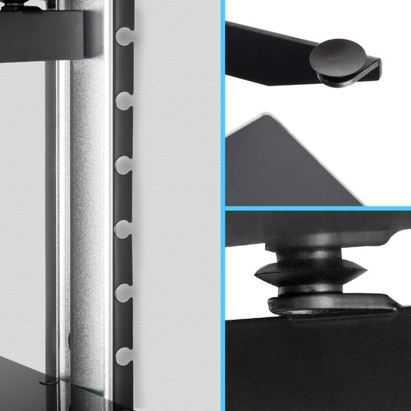 Detailansicht eines TV-Möbels mit Metallgestell und verschiedenen Befestigungselementen