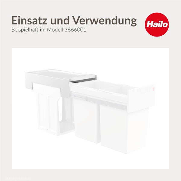 Hailo Mülltrennsystem zum Einbau in Küchenschränke mit zwei herausziehbaren Abfalleimern. Hailo Logo.