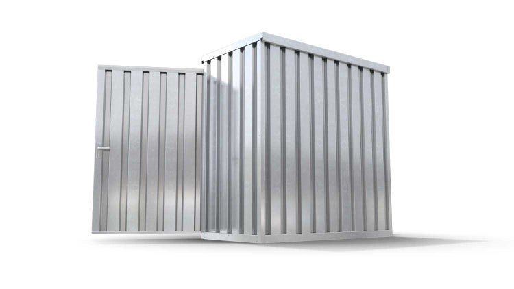 Lagercontainer Gerätehaus XS  – 2 qm, H2150 x B2100 x T1140 mm, verzinkt, mit Holzfußboden, 1830 mm Doppelflügeltür mittig in Breitseite, zerlegt