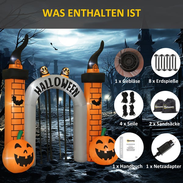 Lieferumfang Halloween Torbogen mit Gebläse, Erspieße, Seile, Sandsäcke, Bedienungsanleitung und Netzadapter.
