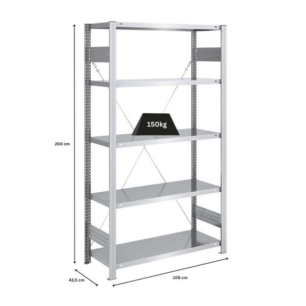 PROREGAL Schwerlastregal Silver Mamba Made In Germany  HxBxT 200 x 100 x 40 cm 5 Ebenen Je 150 kg Fachlast  Verzinkt