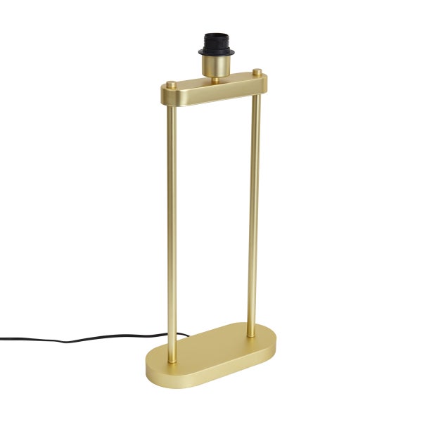 Minimalistischer Tischleuchtenfuß aus goldfarbenem Metall mit rechteckigem Rahmen und ovalem Sockel.