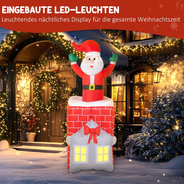 Aufblasbarer Weihnachtsmann im Schornstein mit LED-Beleuchtung vor einem weihnachtlich dekorierten Haus bei Nacht.