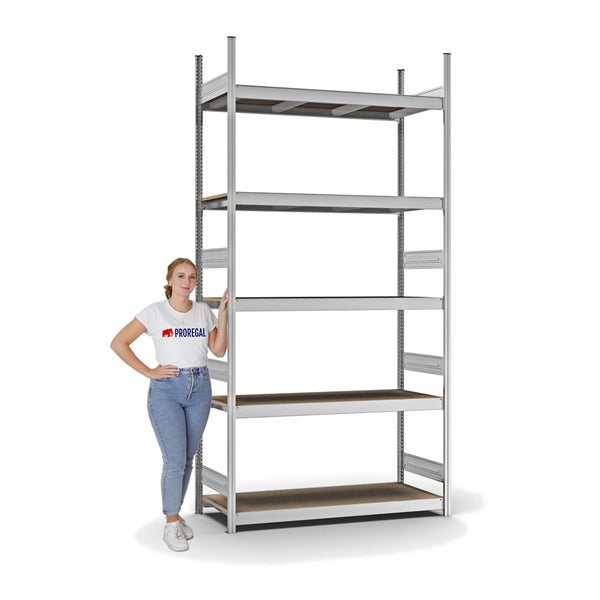 PROREGAL Weitspannregal Stecksystem T-Profil Grundregal HxBxT 300x150x50 cm 5 Ebenen Spanplatten Fachboden Fachlast 350 kg Verzinkt