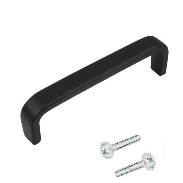 Schwarzer Möbelgriff aus Metall mit Befestigungsschrauben