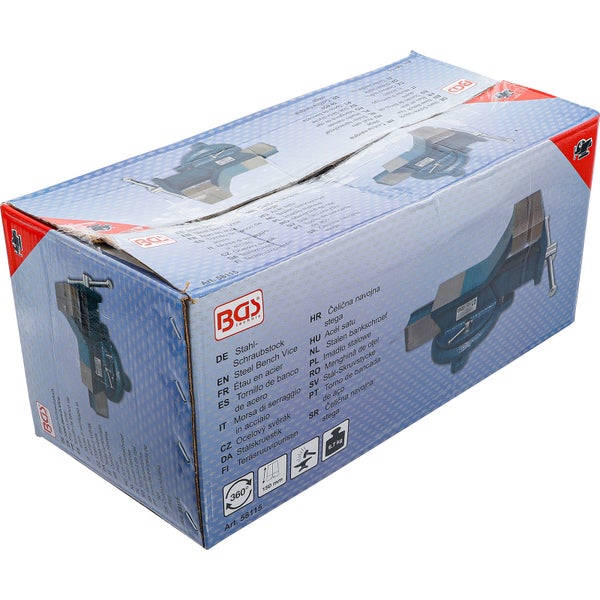 BGS technic Stahlschraubstock in Originalverpackung mit Gewichtsangabe und Produktbildern.