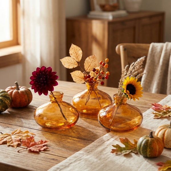 Drei kleine Glasvasen in Tropfenform auf einem Holztisch dekoriert mit Herbstblumen und Zierkürbissen für eine herbstliche Tischdekoration.