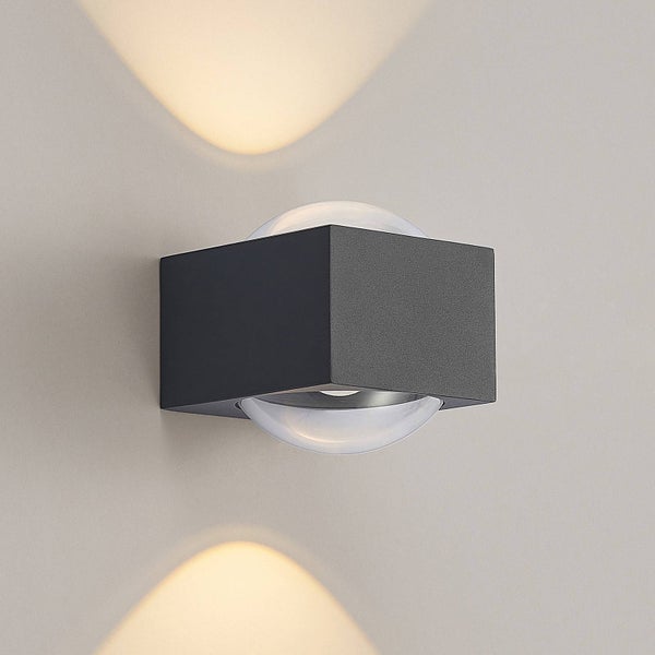 Moderne quadratische Wandleuchte in Anthrazit mit Up-and-Down-Lichteffekt aus Metall und Glas.