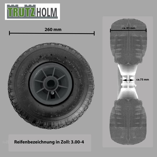 Trutzholm Sackkarrenrad mit Kunststofffelge, Durchmesser 260 Millimeter, Reifenbezeichnung 3.00-4, Radbreite 85 Millimeter, Achsaufnahme 75 Millimeter