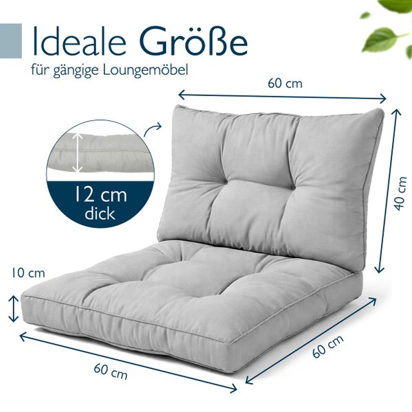 Gestepptes Sitzkissen 60 mal 60 mal 10 Zentimeter und Rückenkissen 60 mal 40 mal 12 Zentimeter für Loungemöbel.