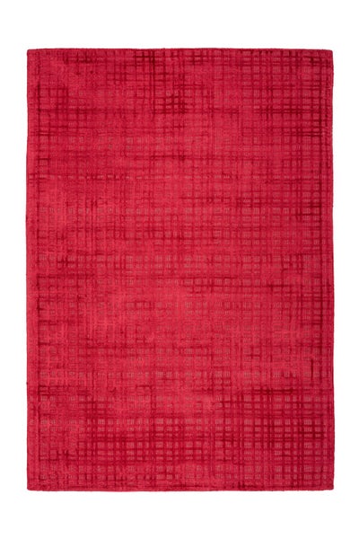 Rechteckiger Kurzflor-Teppich in Rot mit einem gitterartigen Muster.
