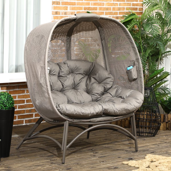 Outsunny 2-Sitzer Gartenstuhl, Korb-Stuhl mit Faltbarem Korb, Kissen, 126 x 75 x 142 cm, Stahl, Sand