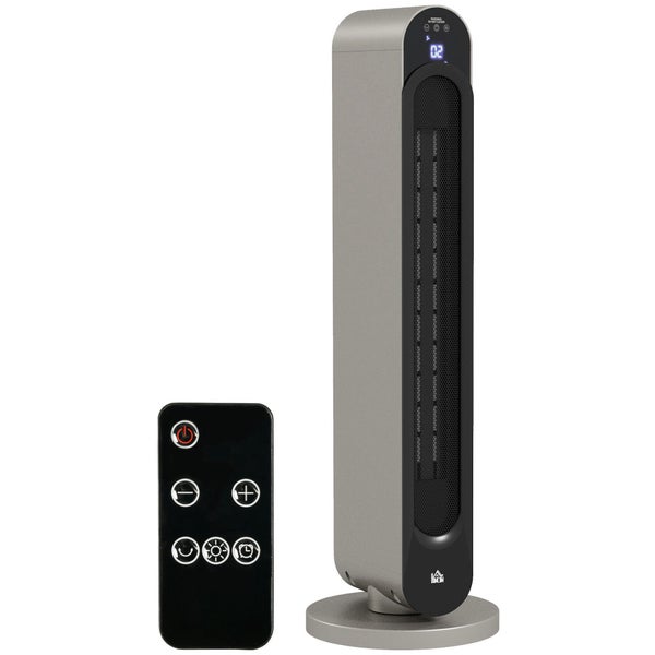 Moderner Turmheizlüfter in Silber mit schwarzem Frontgitter, digitaler Anzeige, Fernbedienung und Homcom Logo.