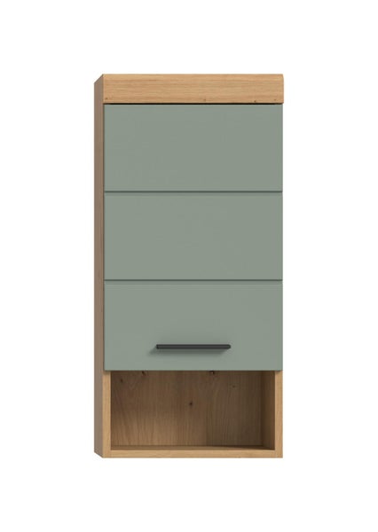 Moderner Badezimmer-Hängeschrank mit Korpus in Holzoptik, grüner Front mit drei Segmenten, schwarzem Griff und einem offenen Fach unten.