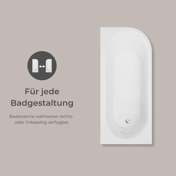 Badewanne für jede Badgestaltung wahlweise rechts- oder linksseitig verfügbar.