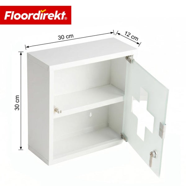 Weißer Medizinschrank aus Metall mit satinierter Glastür und Kreuzmotiv, abschließbar, Maße 30 mal 30 mal 12 Zentimeter. Floordirekt Logo.