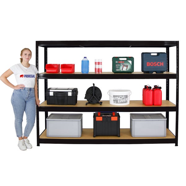 PROREGAL Mega Deal 4er-Sparset Profi-Schwerlastregal Dino HxBxT 180x240x60cm Fachlast 450kg Schwarz, Kellerregal, Steckregal, Garagenregal, Lagerregal
