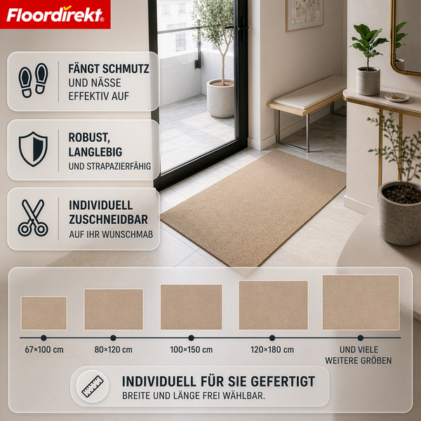 Floordirekt Logo. Robuste Sauberlaufmatte im Eingangsbereich, die Schmutz und Nässe aufnimmt, zuschneidbar ist und in vielen Größen angeboten wird.