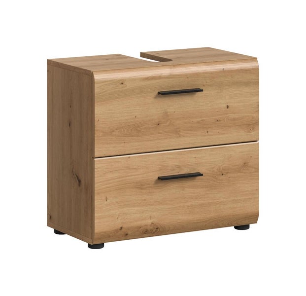 Waschbeckenunterschrank in Eiche-Optik mit zwei Schubladen und schwarzen Griffen.