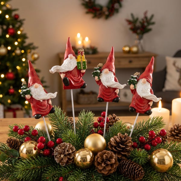 Vier weihnachtliche Wichtelstecker als Dekoration für Blumenarrangements, mit Tannenbäumen und Geschenken verziert, eingebettet in Tannengrün.