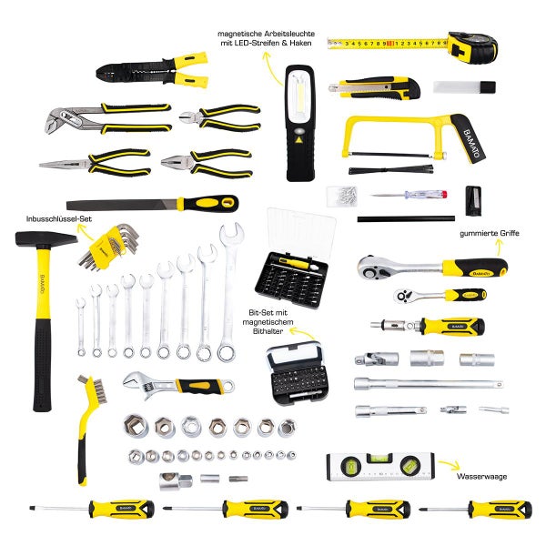 Werkzeugsortiment mit Hammer, Schraubenschlüsseln, Zangen, Schraubendrehern, Bitsatz, Wasserwaage und magnetischer Arbeitsleuchte