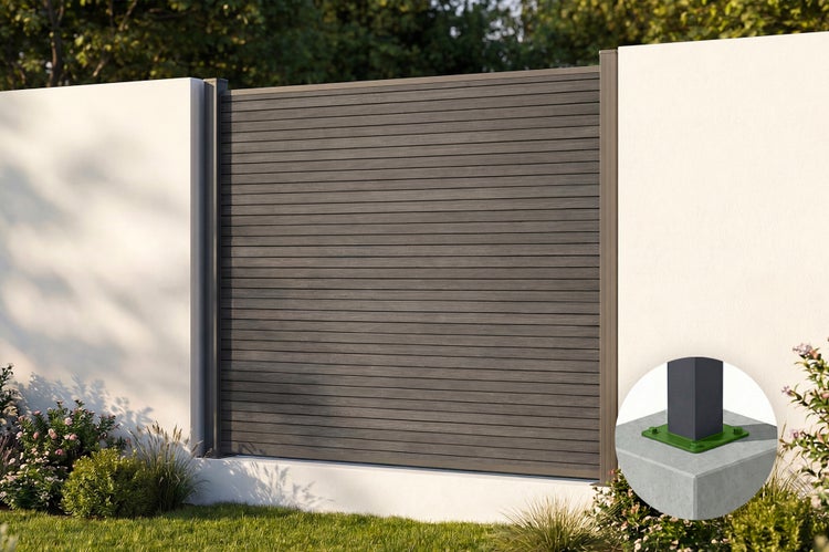 WPC Sichtschutzzaun Element mit horizontalen Lamellen zwischen zwei Pfosten vor einer Mauer mit Detailansicht der Bodenbefestigung.