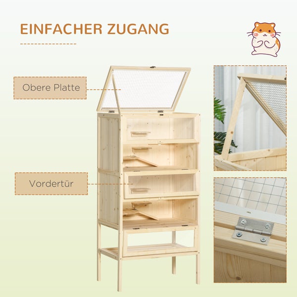 PawHut Kleintierkäfig 5 Etagen mit Gitterdach Rampen Kleintierstall Käfig Nagerkäfig Meerschweinchenstall Tannenholz Naturholz 60 x 40 x 120 cm