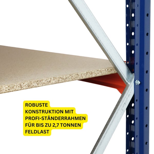 Detail eines Schwerlastregals mit Holzfachboden und robustem Ständerrahmen für Feldlasten bis zu 2,7 Tonnen.