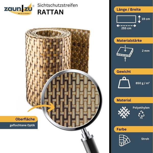 Zaun zu Sichtschutzstreifen Rattan aus Polyethylen, 255 x 19 cm