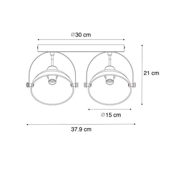 Technische Zeichnung einer Deckenleuchte mit zwei Leuchten und Maßangaben
