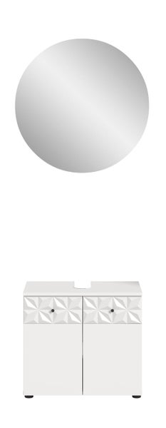 Weißer Waschtischunterschrank mit zwei Türen, geometrischem Muster, schwarzen Knöpfen und rundem Spiegel.