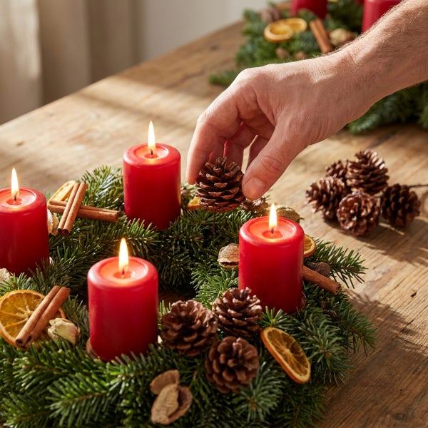 Eine Hand platziert einen Tannenzapfen auf einen Adventskranz aus Tannenreisig mit vier brennenden Stumpenkerzen und Dekoration aus Zimtstangen.