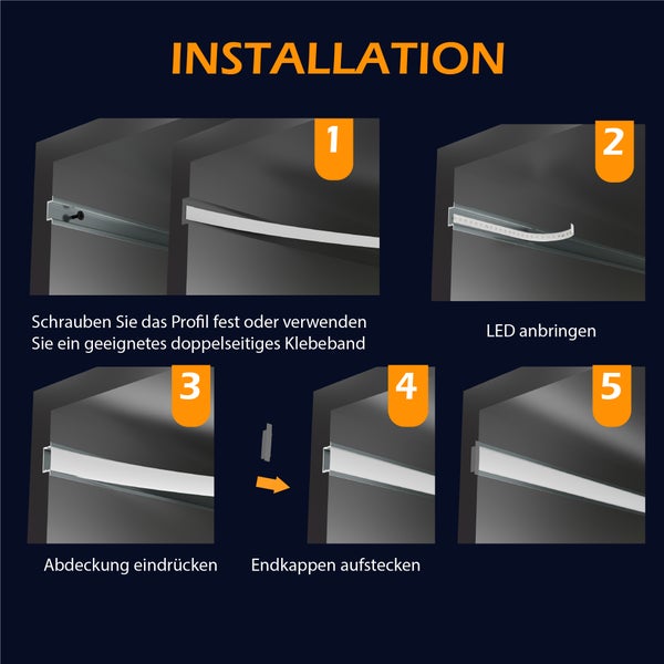 Installationsanleitung für LED Aluminiumprofile in fünf Schritten mit Montagehinweisen für Profil, LED Streifen, Abdeckung und Endkappen.